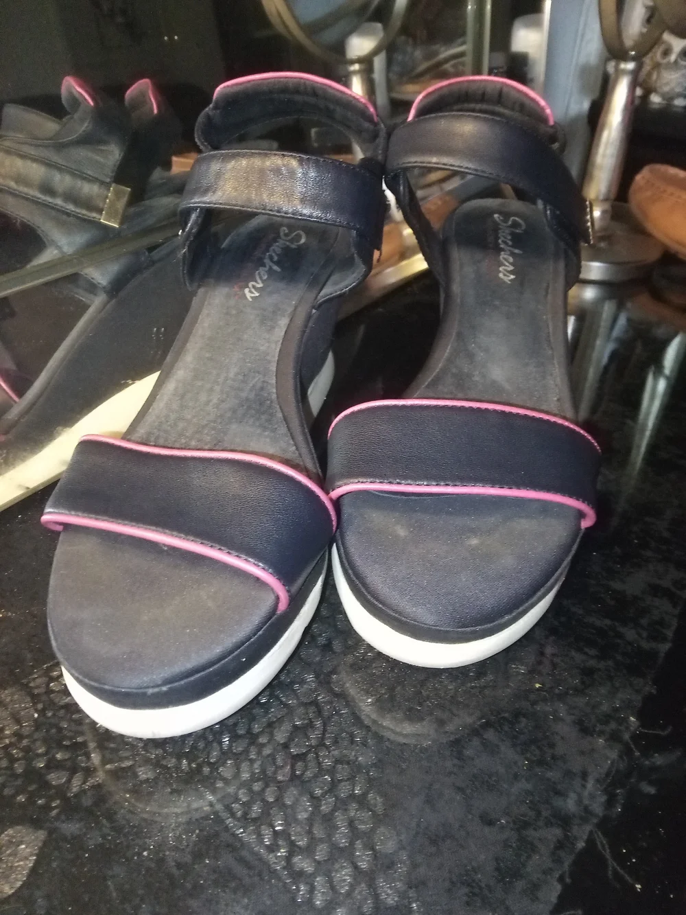 Skechers Navy Wedge Sandals with Pink Trim